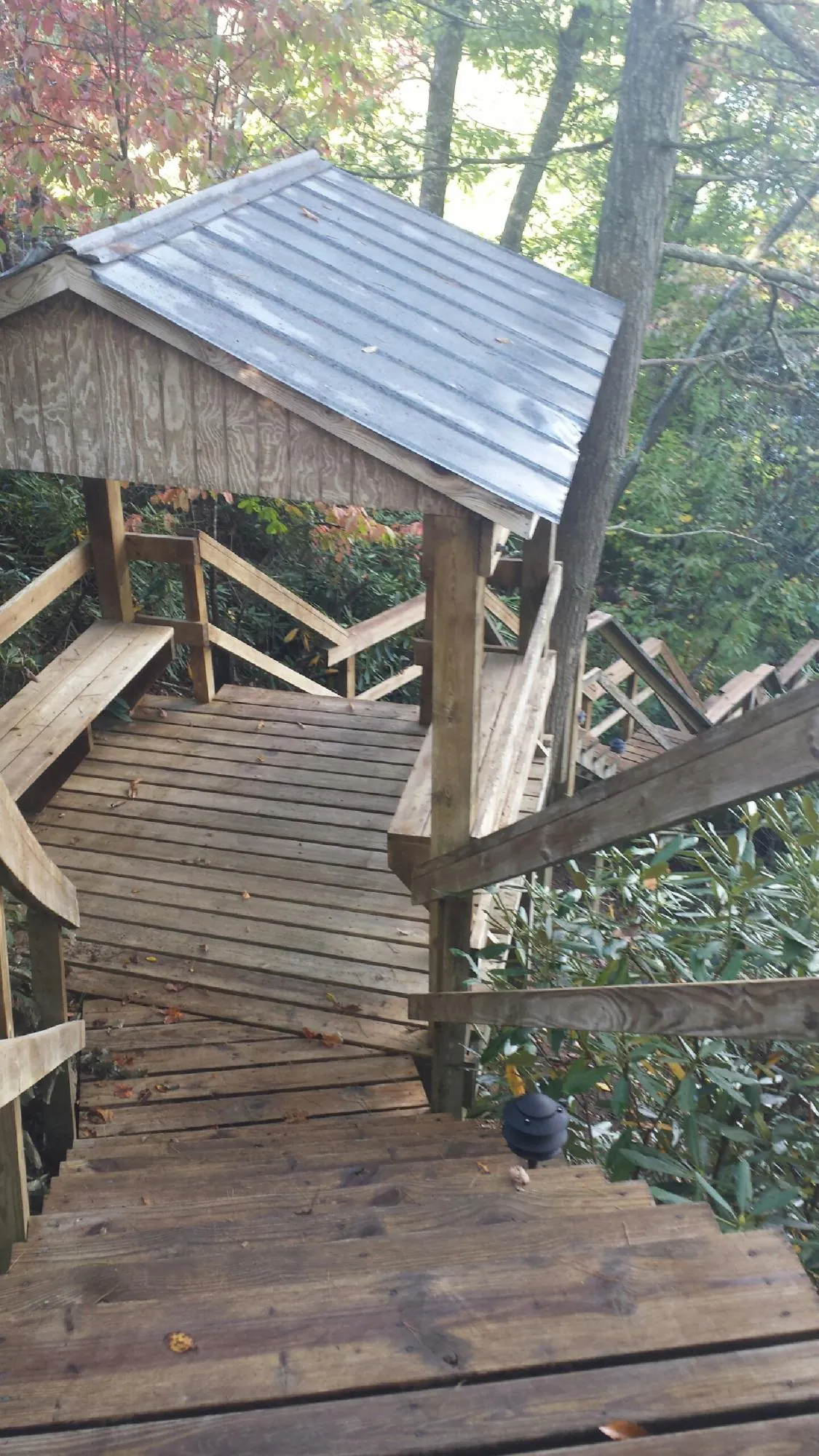Metal roofed shelter over wooden steps on a wooded walkway — Skylight Repair & Installation work by our crew in French Gulch